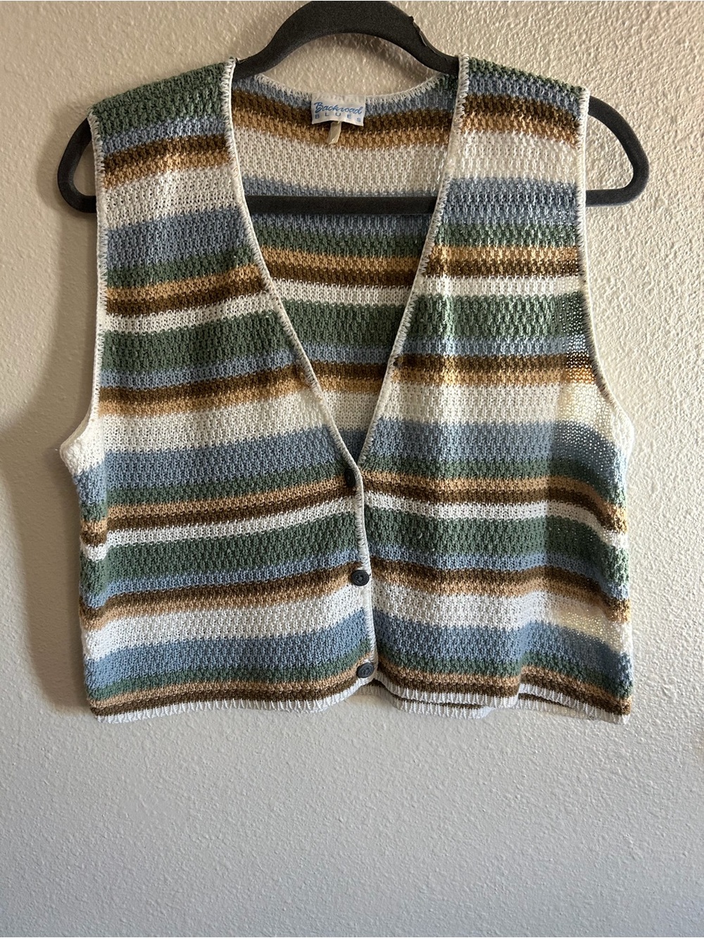 Vintage Backroad Blues Striped Crochet Knit Cottagecore Sweater Vest Womens M